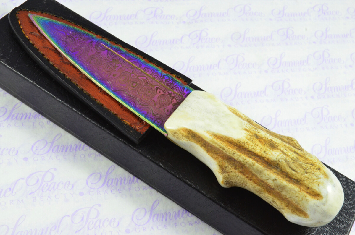 A Natural Genuine Heat Treated Damascus Steel Stag Horn Antler Handle Sgian Dubh Sheffield England