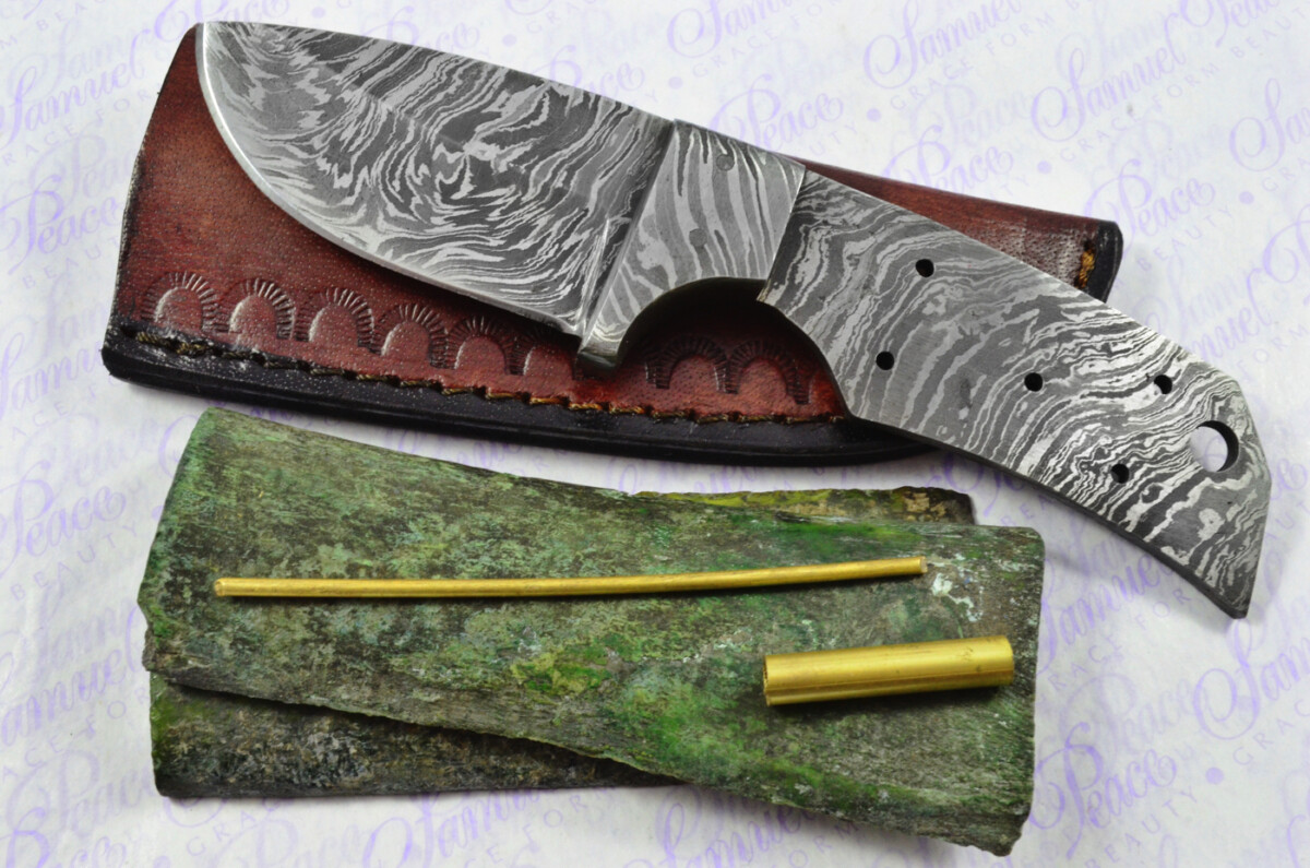 Knife Making Kit! Excellent Damascus Steel Small Skinning Knife Dyed Camel Bone Scales Damascus Bolster inc Leather Sheath