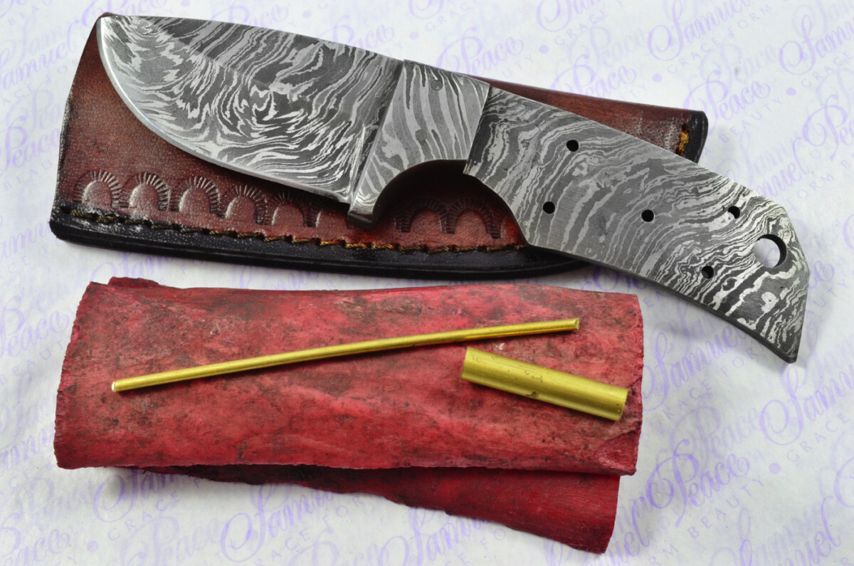 Knife Making Kit! Excellent Damascus Steel Small Skinning Knife Dyed Camel Bone Scales Damascus Bolster inc Leather Sheath