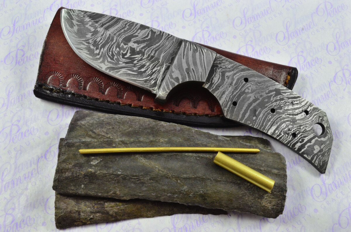 Knife Making Kit! Excellent Damascus Steel Small Skinning Knife Dyed Camel Bone Scales Damascus Bolster inc Leather Sheath