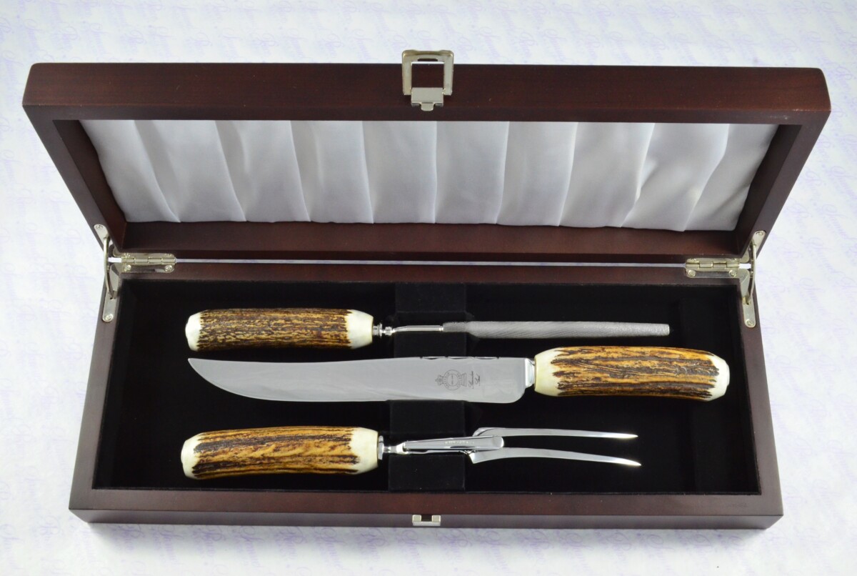 A Genuine Stag/Antler Handle 3 Piece Carving Set Cased Made In Sheffield England