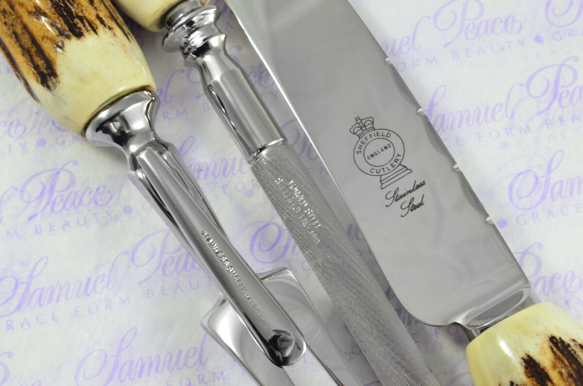 A Genuine Stag/Antler Handle 3 Piece Carving Set Cased Made In Sheffield England - Image 2