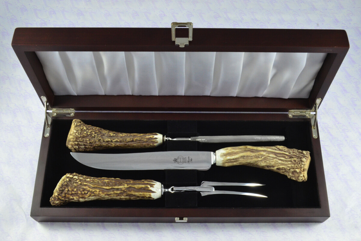 A Genuine Stag/Antler Handle Père David 3 Piece Carving Set Cased Made In Sheffield England