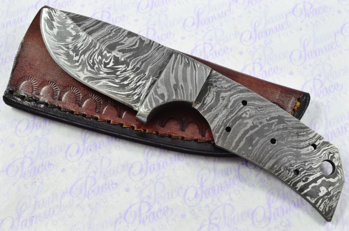 Knife Making Kit! Excellent Damascus Steel Small Skinning Knife Dyed Camel Bone Scales Damascus Bolster inc Leather Sheath - Image 2