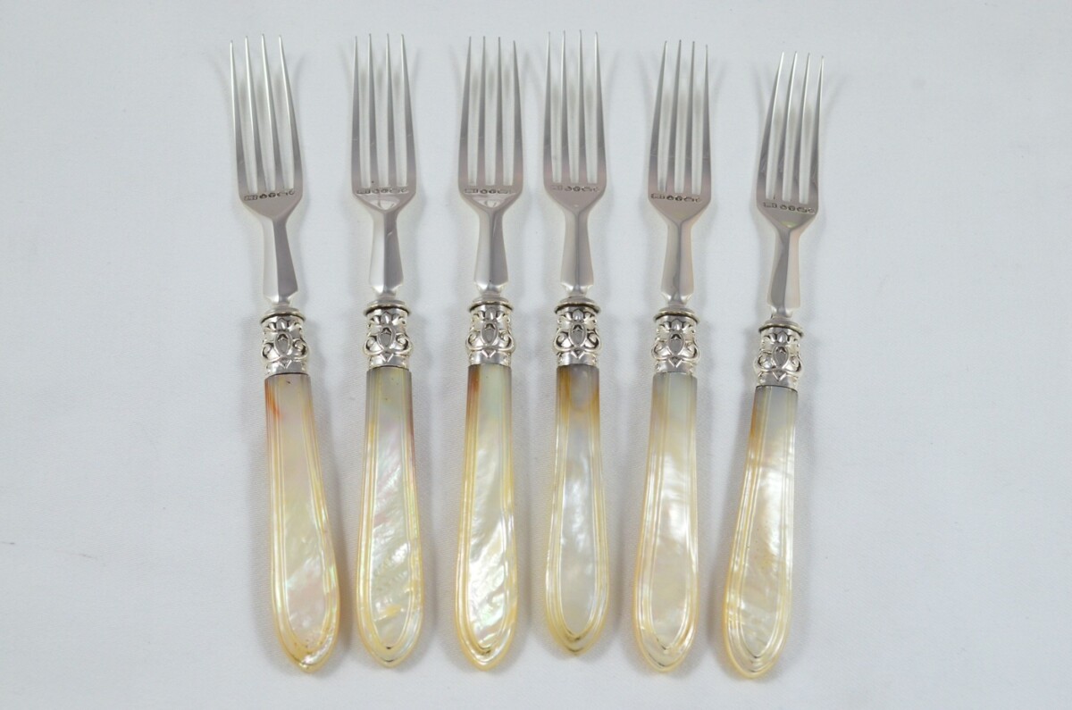 John Harrison & Co Set of 6 Afternoon Tea Forks Solid Silver Mother Of Pearl Handles 1886