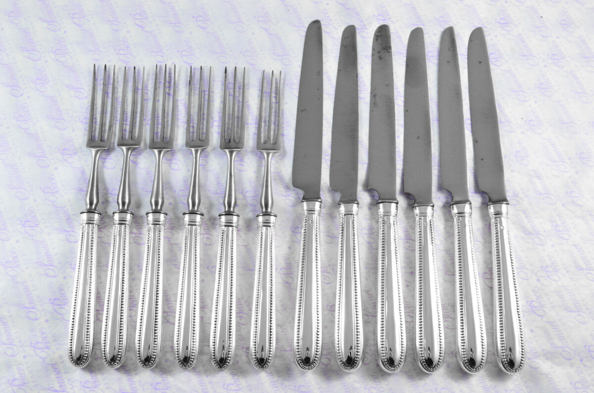 Rare William Abdy I London Assayed 6 Table Knives 6 Table Forks Sterling Silver Georgian Bead Pattern 1769