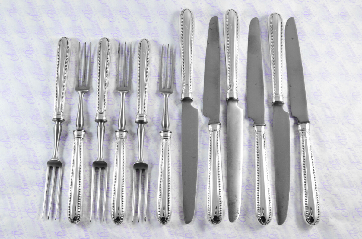 Rare William Abdy I London Assayed 6 Table Knives 6 Table Forks Sterling Silver Georgian Bead Pattern 1769 - Image 2