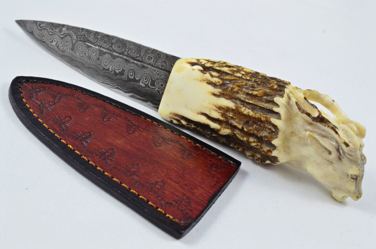 Amazing Bespoke Hand Carved Antelope Stag Horn Antler Handle Sgian Dubh Damascus Blade Sheffield England