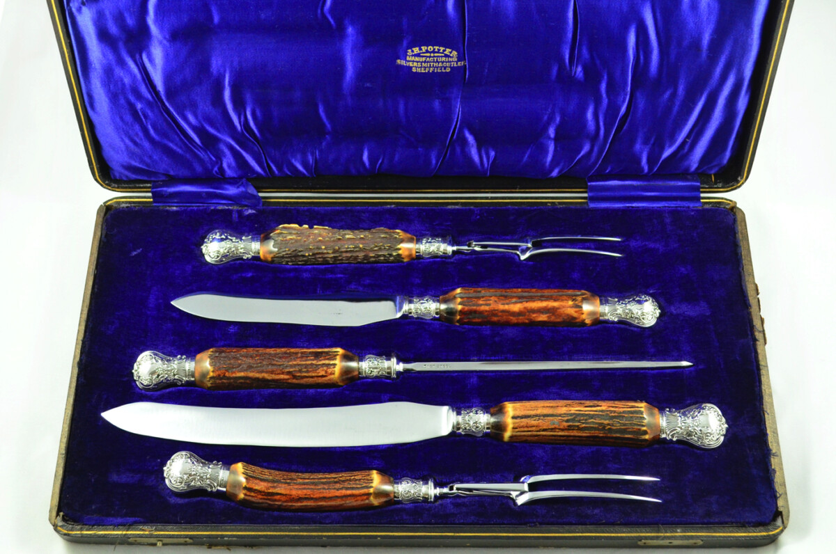 Amazing J.H Potter 5 Piece Stag Handled Silver Capped & Ferruled Carving Set Made in Sheffield 1909