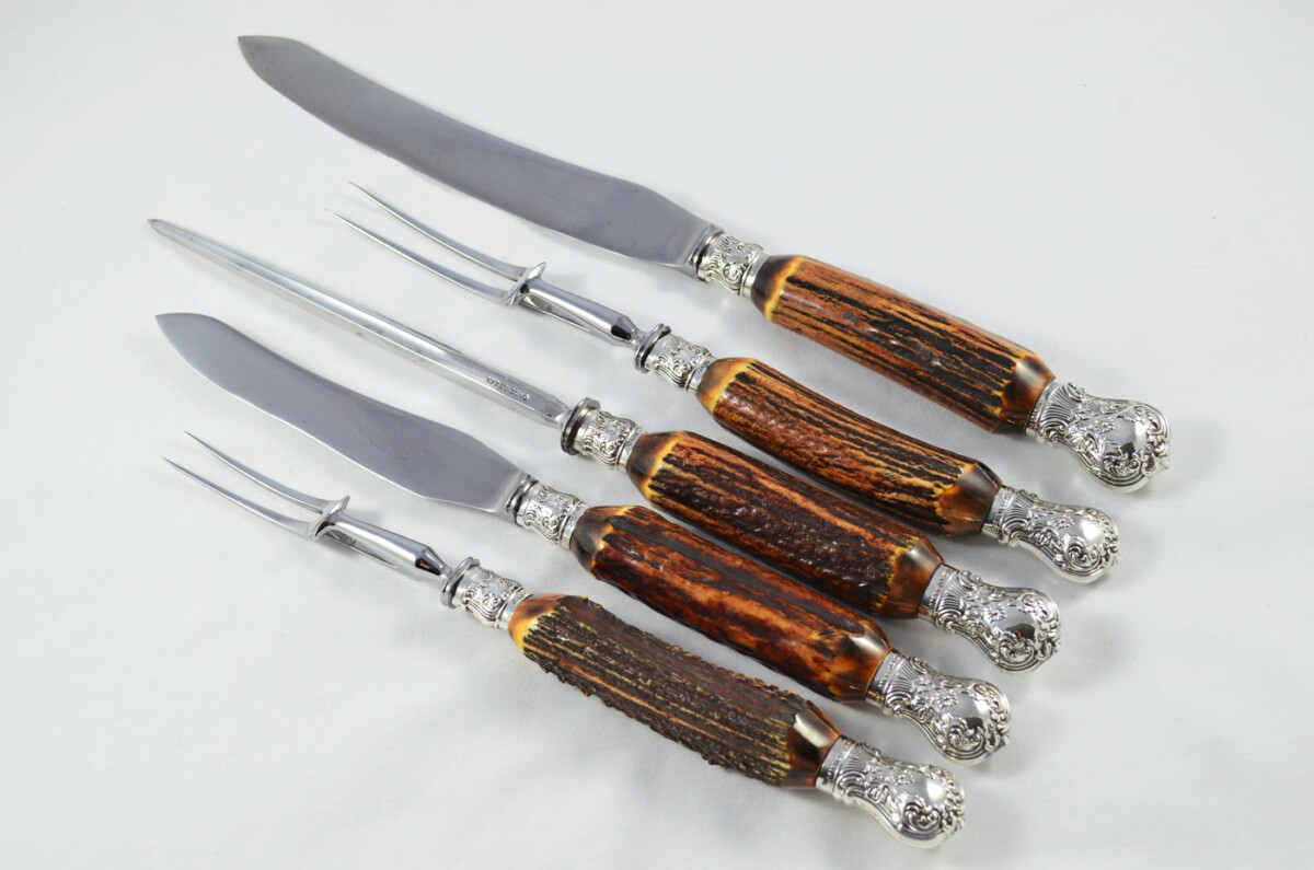 Amazing J.H Potter 5 Piece Stag Handled Silver Capped & Ferruled Carving Set Made in Sheffield 1909 - Image 2