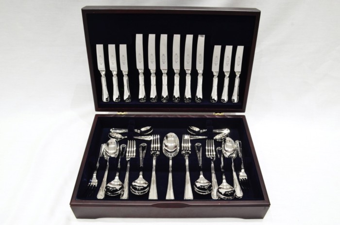 A Brand New Empire Pattern 44 Piece Mahogany Wooden Cased Canteen - Stainless Steel - Made in Sheffield