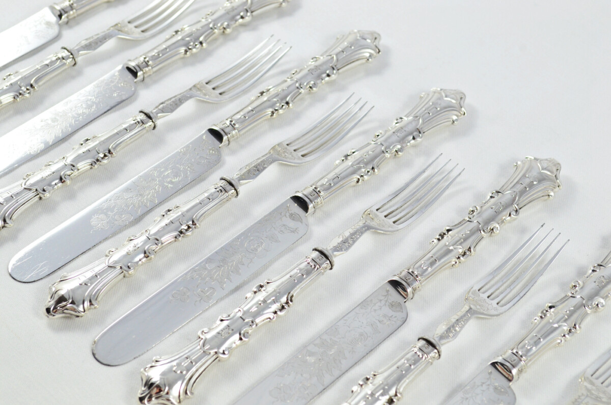 RARE Private Pattern 18 Pairs of Sterling Silver Knives & Forks Joseph Rodgers 1840
