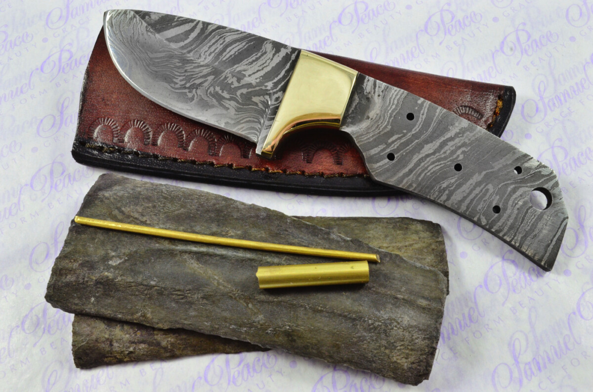 Knife Making Kit! Excellent Damascus Steel Small Skinning Knife Dyed Camel Bone Scales Brass Bolster inc Leather Sheath