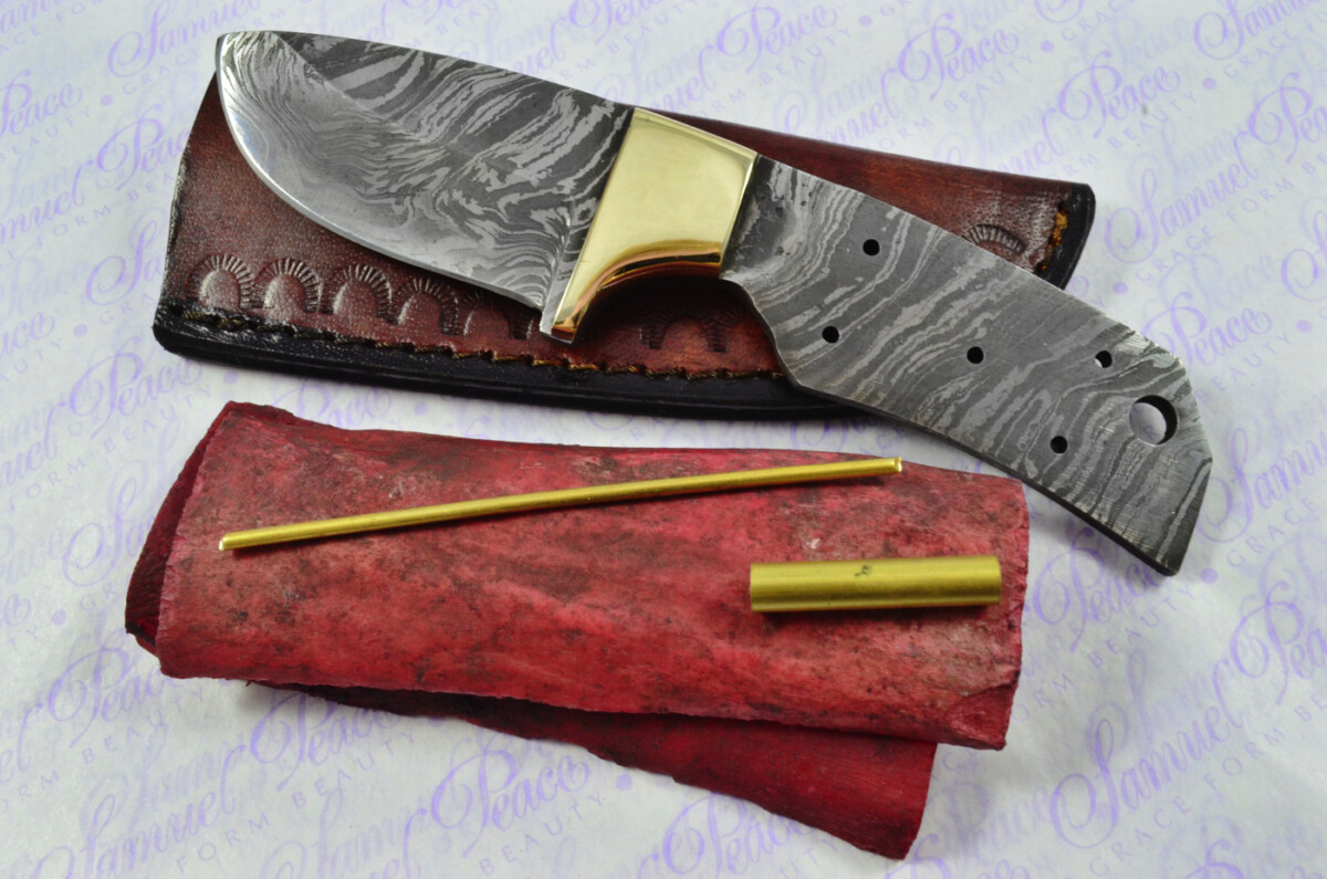 Knife Making Kit! Excellent Damascus Steel Small Skinning Knife Dyed Camel Bone Scales Brass Bolster inc Leather Sheath