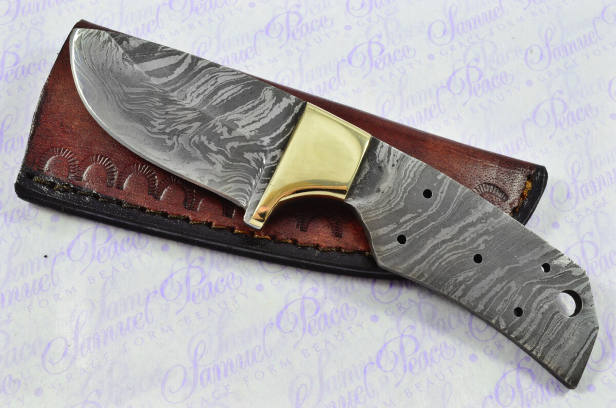 Knife Making Kit! Excellent Damascus Steel Small Skinning Knife Dyed Camel Bone Scales Brass Bolster inc Leather Sheath - Image 2