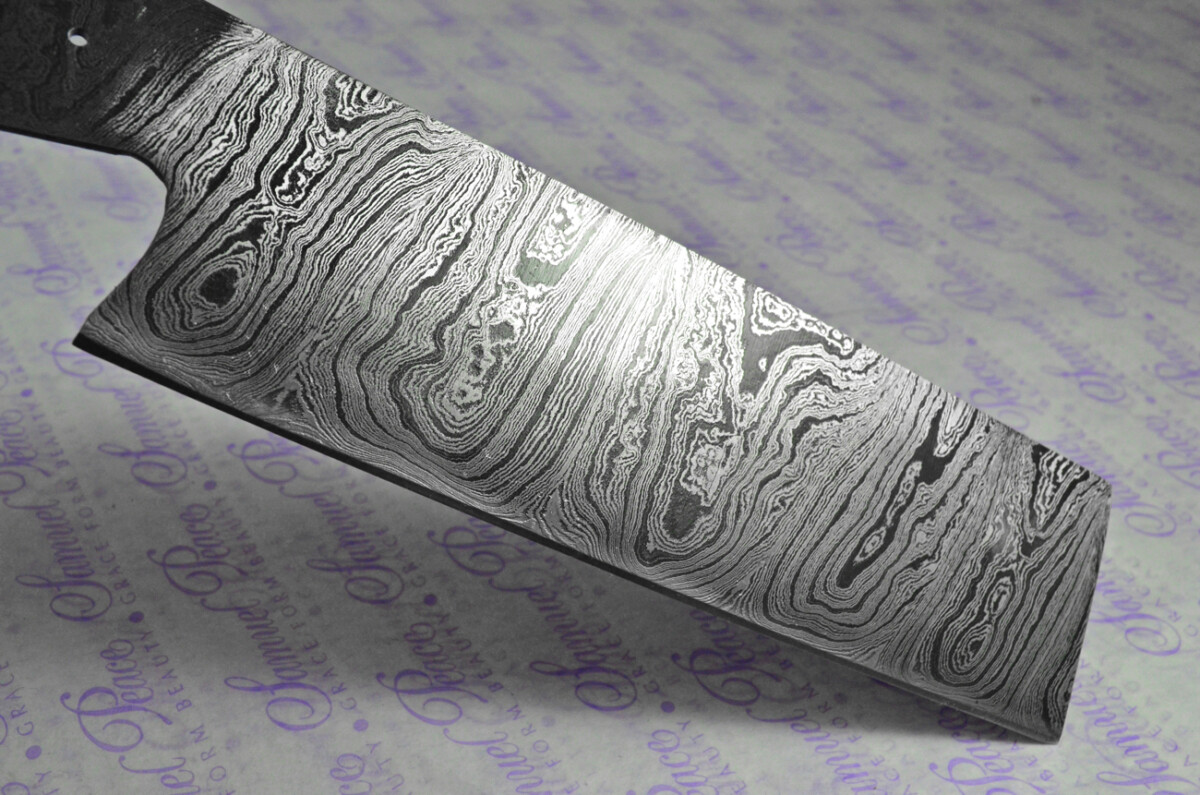 Kitchen Knife Making Kit!  Fantastic Damascus Steel Cleaver Knife Olive Wood Scales Unbelievable Piece Pristine Leather Sheath - Image 6