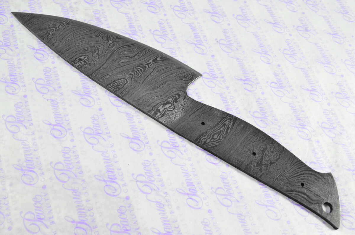 Kitchen Knife Making Kit! Fantastic Damascus Steel Chopping Knife Olive Wood Scales Unbelievable Piece Pristine Leather Sheath - Image 3