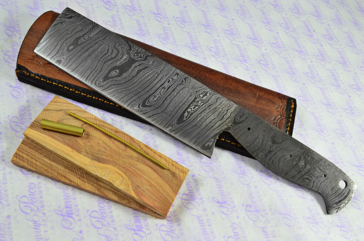 Kitchen Knife Making Kit!  Fantastic Damascus Steel Cleaver Knife Olive Wood Scales Unbelievable Piece Pristine Leather Sheath
