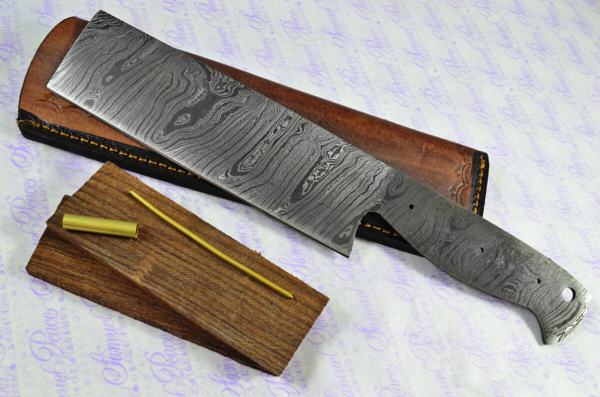 Kitchen Knife Making Kit!  Fantastic Damascus Steel Cleaver Knife Rosewood Scales Unbelievable Piece Pristine Leather Sheath