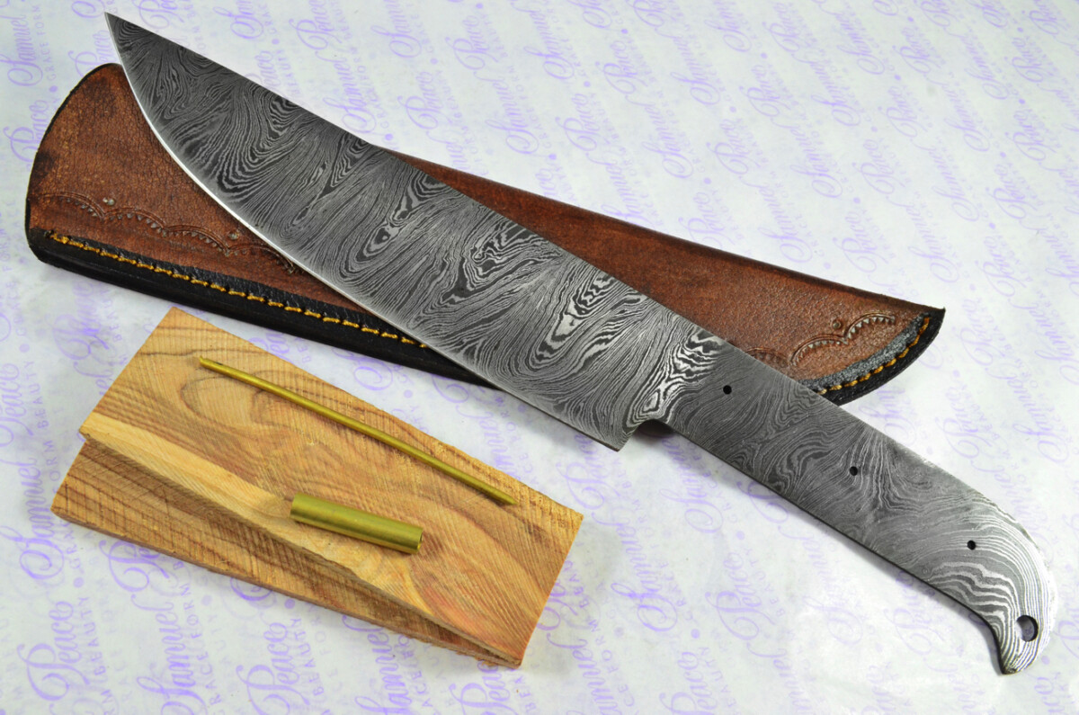 Kitchen Knife Making Kit! Fantastic Damascus Steel Chef's Knife Olive Wood Scales with Leather Sheath