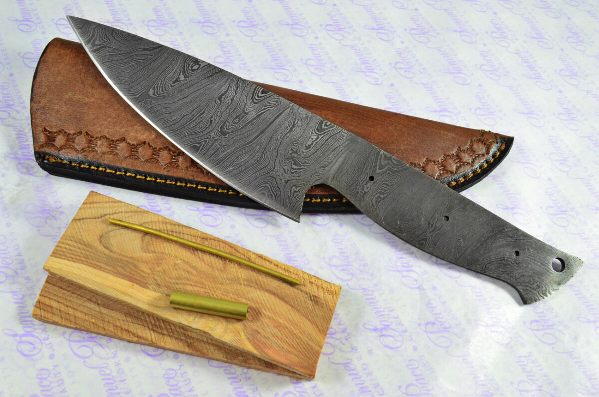 Kitchen Knife Making Kit! Fantastic Damascus Steel Chopping Knife Olive Wood Scales Unbelievable Piece Pristine Leather Sheath