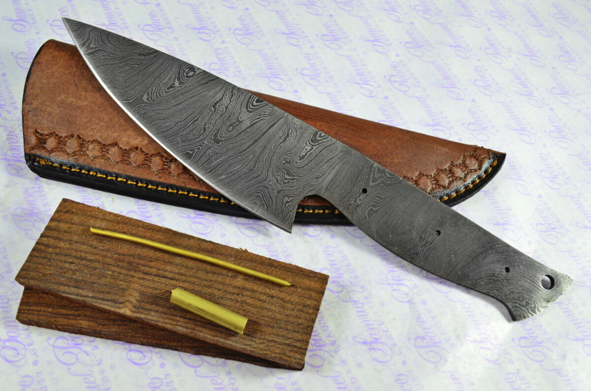 Kitchen Knife Making Kit! Fantastic Damascus Steel Chopping Knife Rosewood Scales Unbelievable Piece Pristine Leather Sheath