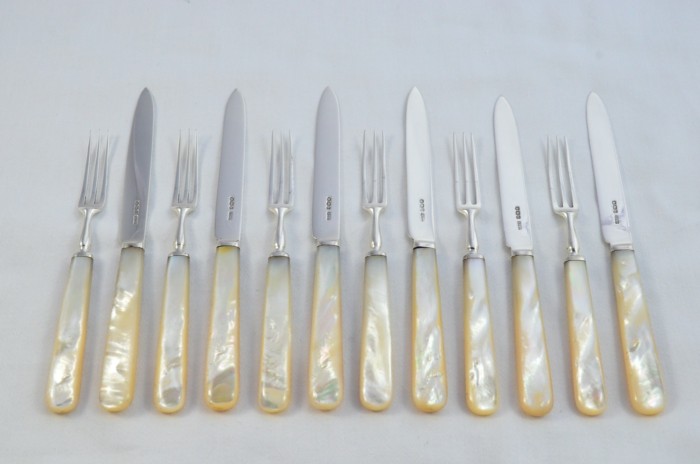 James Dixon & Sons Set Of 6 Knives and 6 Forks Mother Of Pearl Handled Solid Silver 1926
