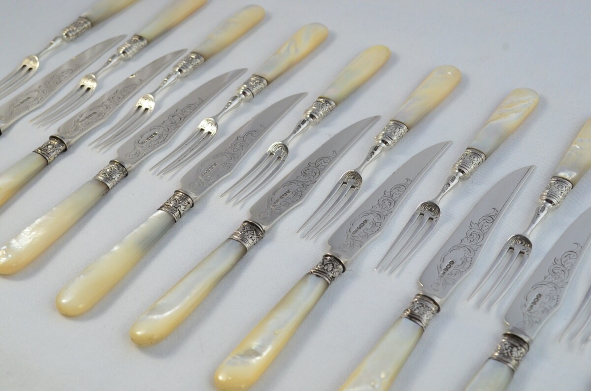 James Dixon & Sons Set Of 12 Knives and 12 Forks Mother Of Pearl Handled Solid Silver 1909