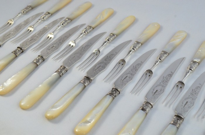 James Dixon & Sons Set Of 12 Knives and 12 Forks Mother Of Pearl Handled Solid Silver 1909