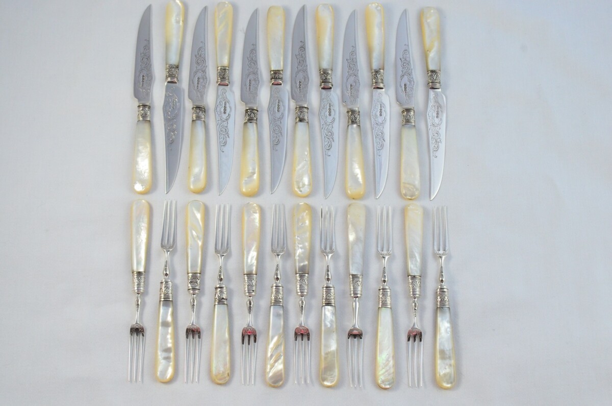 James Dixon & Sons Set Of 12 Knives and 12 Forks Mother Of Pearl Handled Solid Silver 1909 - Image 3
