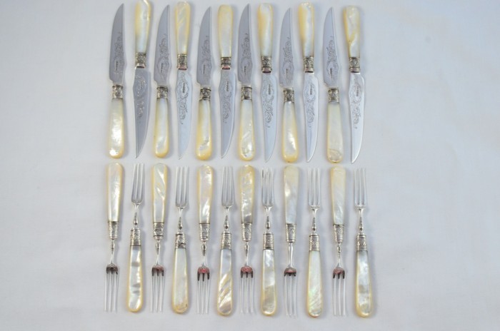 James Dixon & Sons Set Of 12 Knives and 12 Forks Mother Of Pearl Handled Solid Silver 1909 - Image 3