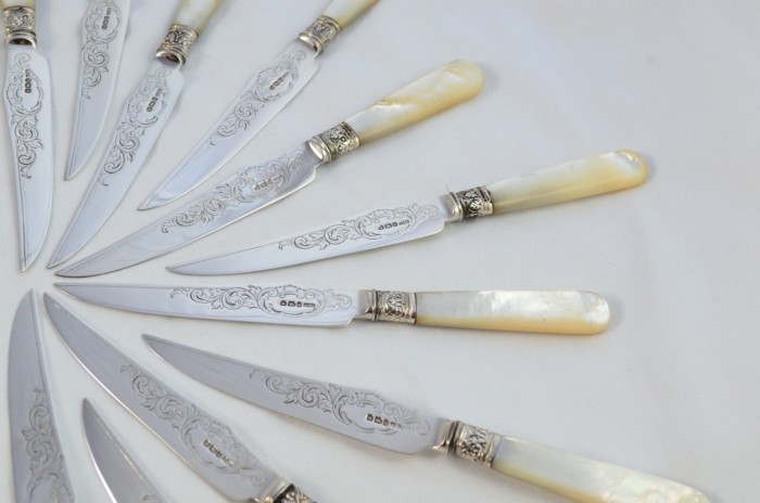 James Dixon & Sons Set Of 12 Knives and 12 Forks Mother Of Pearl Handled Solid Silver 1909 - Image 2