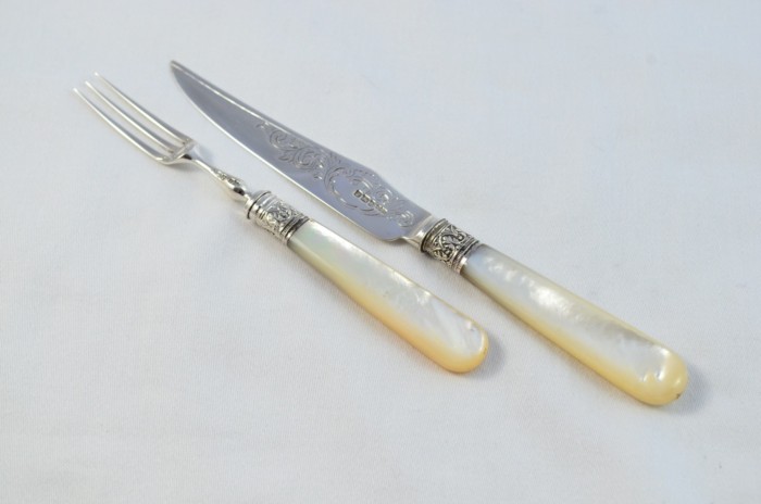 James Dixon & Sons Set Of 12 Knives and 12 Forks Mother Of Pearl Handled Solid Silver 1909 - Image 6
