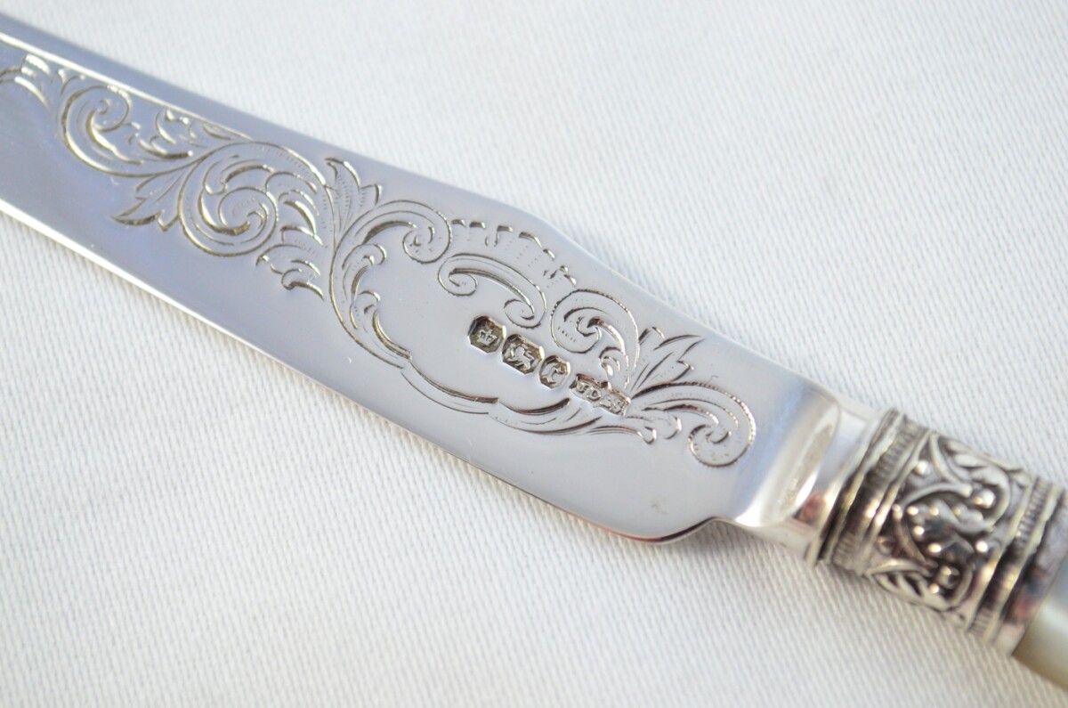 James Dixon & Sons Set Of 12 Knives and 12 Forks Mother Of Pearl Handled Solid Silver 1909 - Image 5