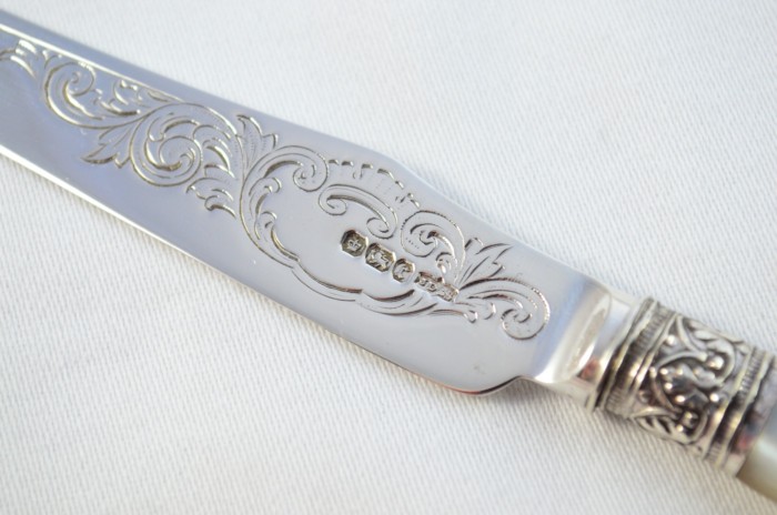 James Dixon & Sons Set Of 12 Knives and 12 Forks Mother Of Pearl Handled Solid Silver 1909 - Image 5