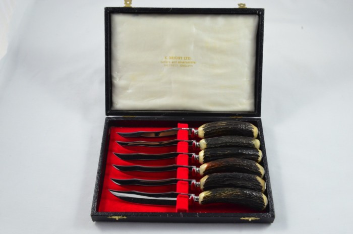 Antique K. Bright 6 Genuine Sambar Stag Handle Steak Knives Made in Sheffield England