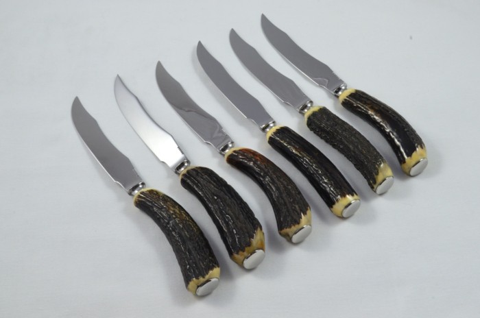 Antique K. Bright 6 Genuine Sambar Stag Handle Steak Knives Made in Sheffield England - Image 2