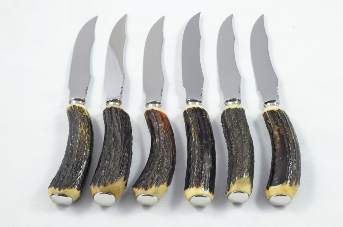 Antique K. Bright 6 Genuine Sambar Stag Handle Steak Knives Made in Sheffield England - Image 3