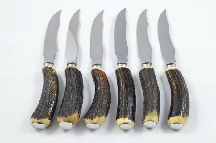 Antique K. Bright 6 Genuine Sambar Stag Handle Steak Knives Made in Sheffield England - Image 3