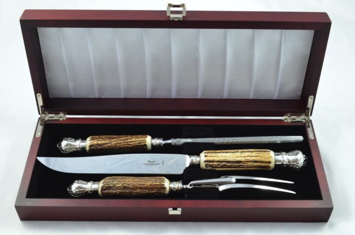 New James Dixon & Sons Sheffield Handmade Stag Antler Horn Handled 3 Piece Carving Set - Silver Plated Cap & Ferrule