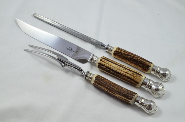 New James Dixon & Sons Sheffield Handmade Stag Antler Horn Handled 3 Piece Carving Set - Silver Plated Cap & Ferrule - Image 2