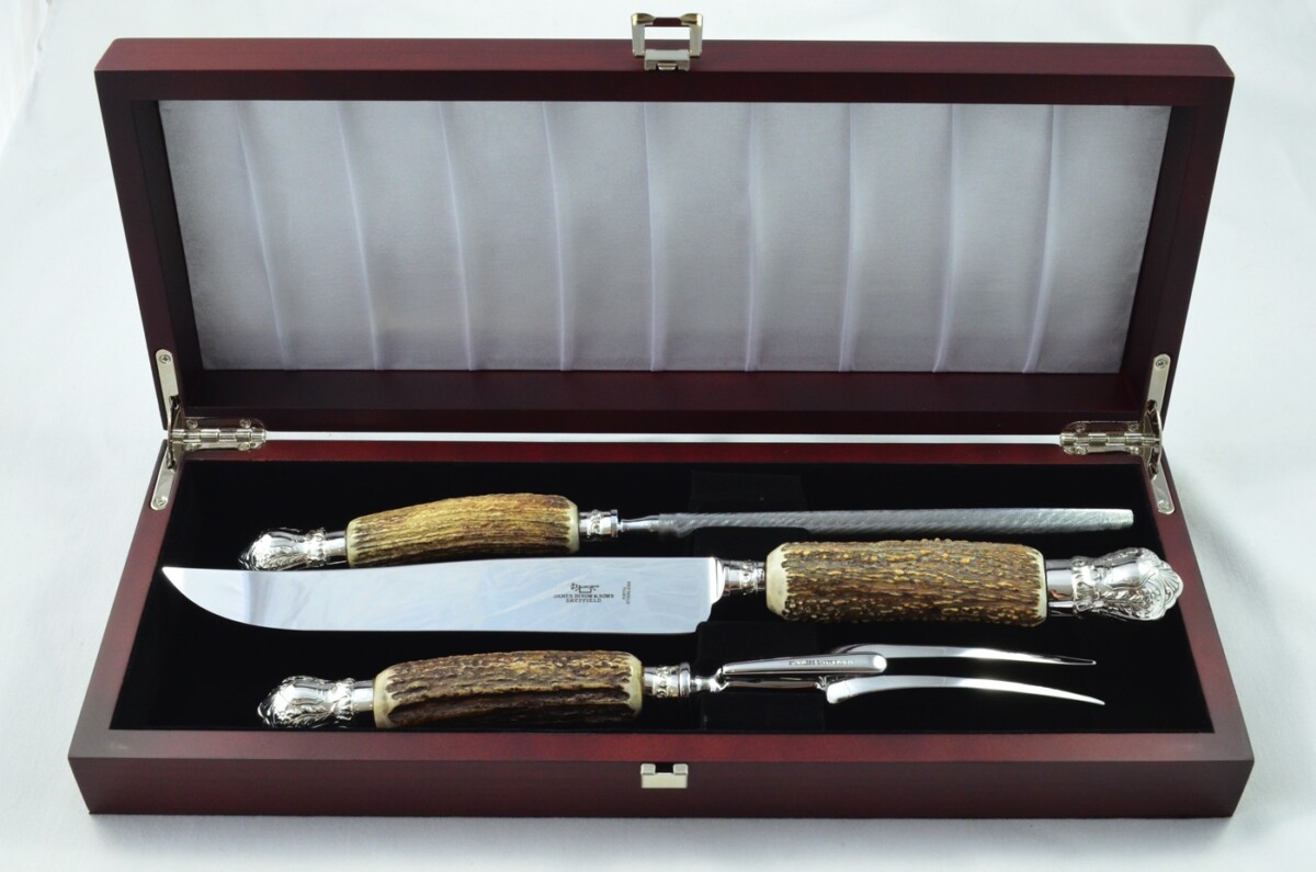 New JD&S Sheffield Handmade Stag Antler Horn Handled 3 Piece Carving Set - Silver Plated Cap & Ferrule
