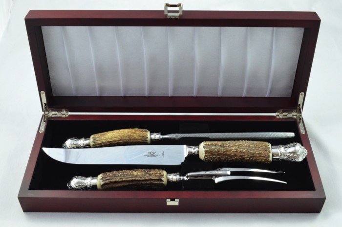 New JD&S Sheffield Handmade Stag Antler Horn Handled 3 Piece Carving Set - Silver Plated Cap & Ferrule