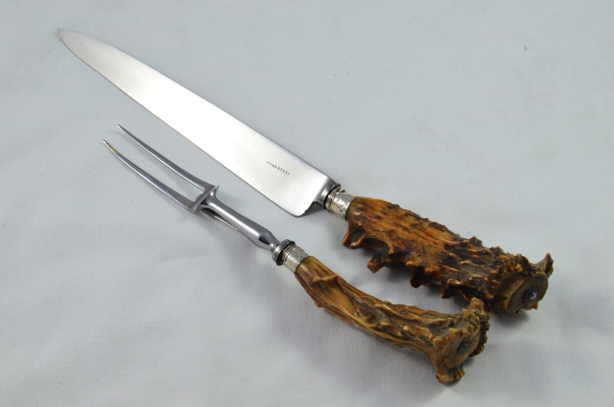 A Gorgeous C.1800's Set of 6 Table Knives & Forks + Serving Pieces Roe Deer Stag Handled Cutlery Sheffield - Carbon Steel - Image 6