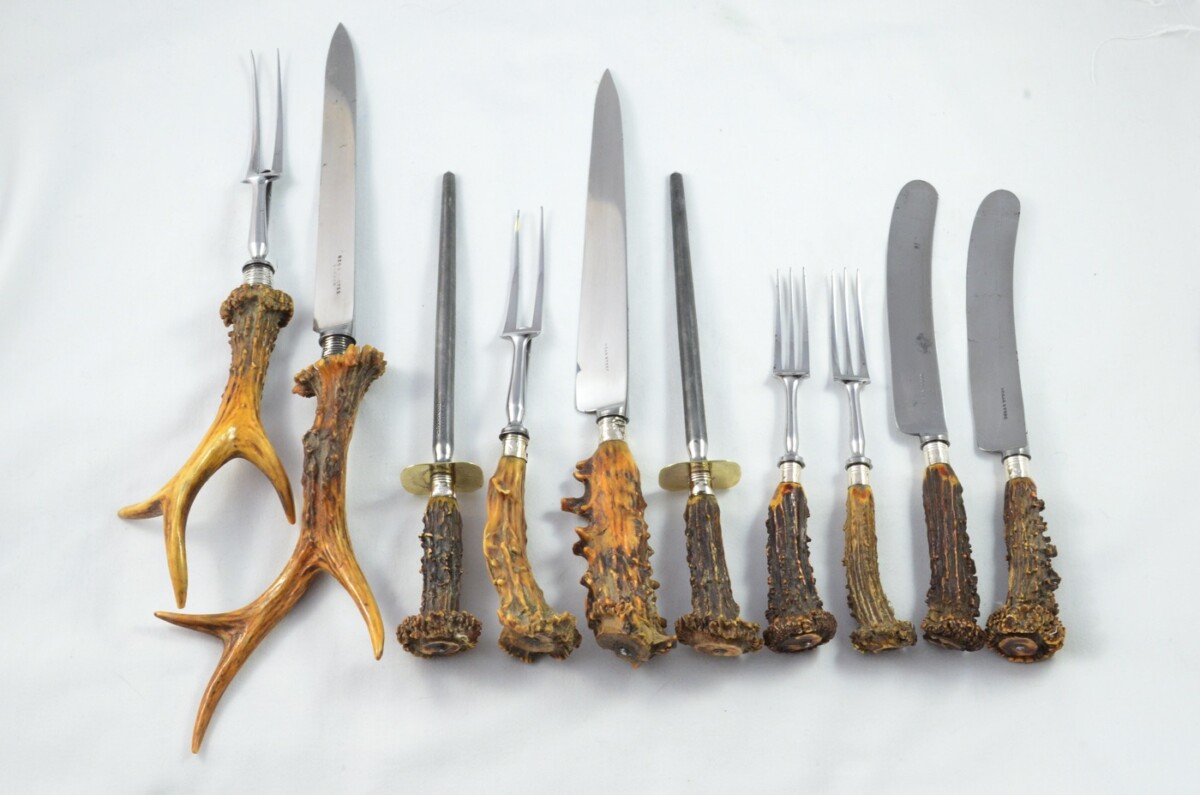 A Gorgeous C.1800's Set of 6 Table Knives & Forks + Serving Pieces Roe Deer Stag Handled Cutlery Sheffield - Carbon Steel