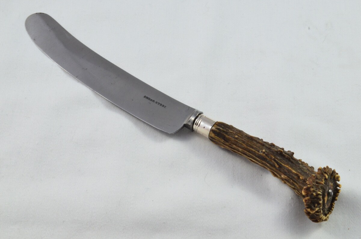 A Gorgeous C.1800's Set of 6 Table Knives & Forks + Serving Pieces Roe Deer Stag Handled Cutlery Sheffield - Carbon Steel - Image 11