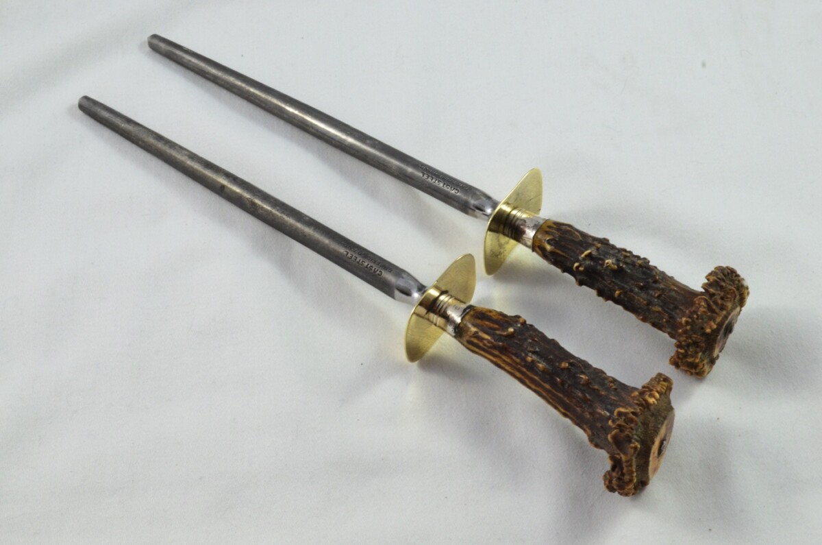 A Gorgeous C.1800's Set of 6 Table Knives & Forks + Serving Pieces Roe Deer Stag Handled Cutlery Sheffield - Carbon Steel - Image 12