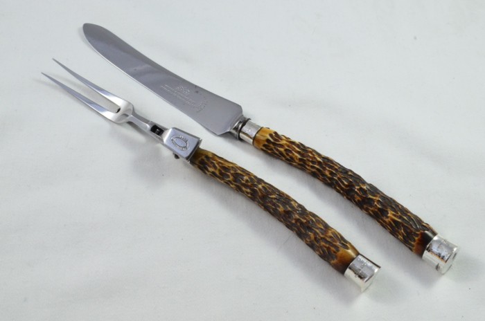 Thomas Turner & Co 2 Piece Stag Handled Solid Silver Capped & Ferruled Game Carving Set 1908