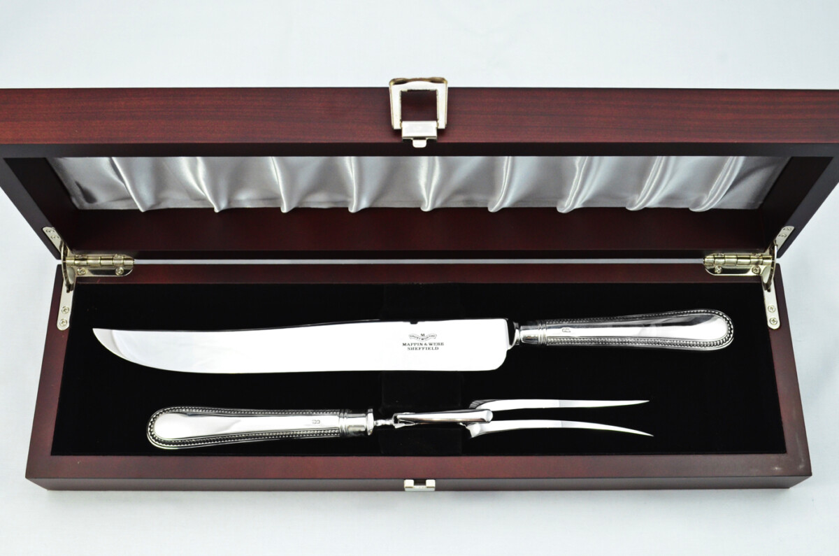 Mappin & Webb Wooden Cased Sterling Silver Handled 2 Piece Carving Set Bead Pattern 1998