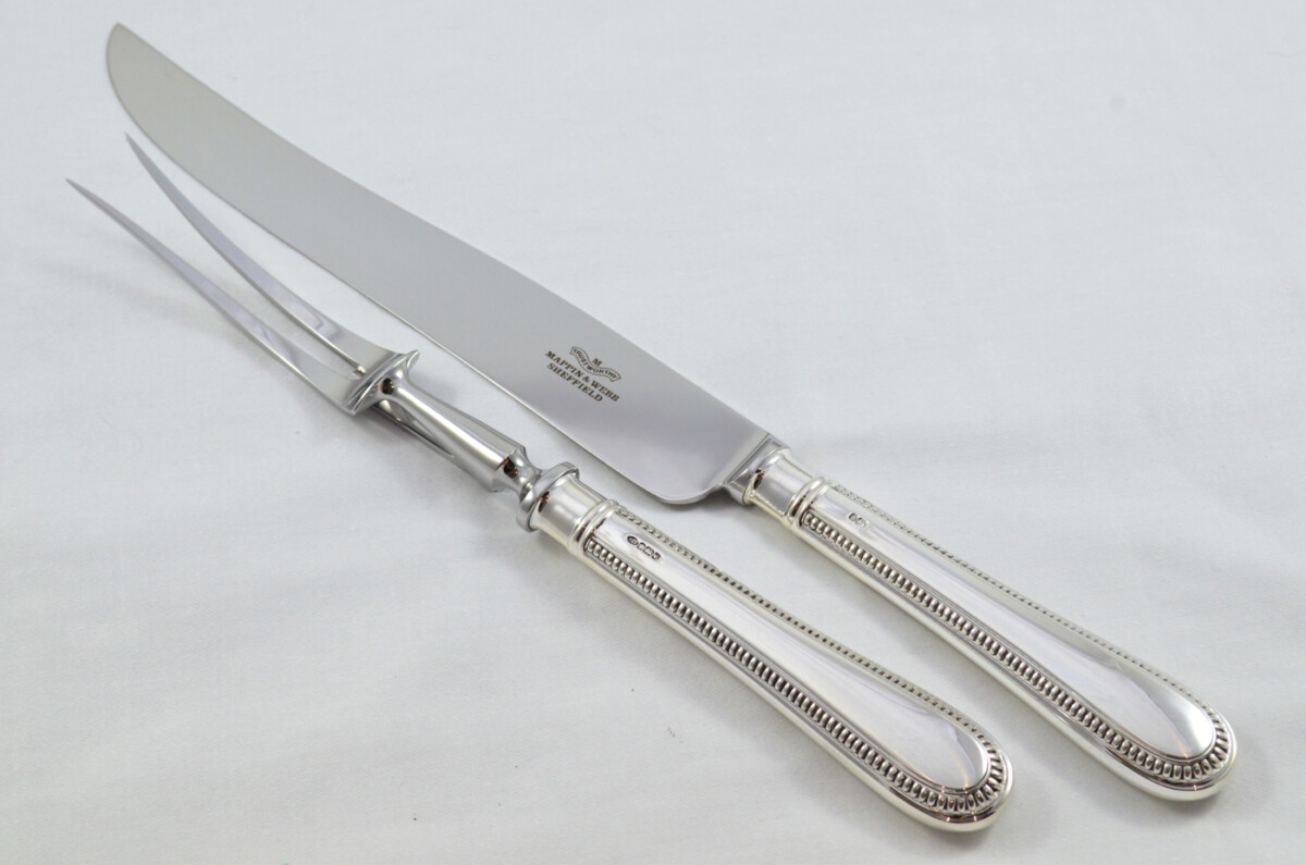 Mappin & Webb Wooden Cased Sterling Silver Handled 2 Piece Carving Set Bead Pattern 1998 - Image 2